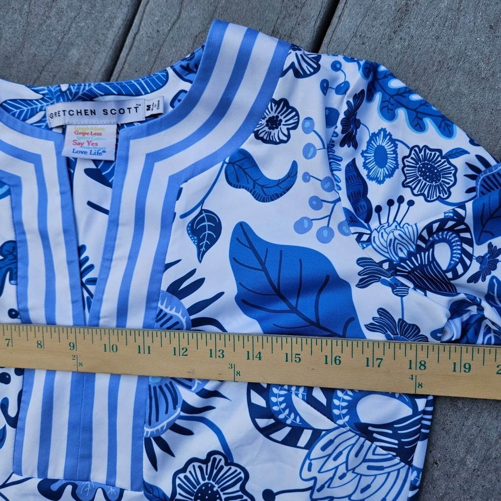 Gretchen Scott Womens Blue White Floral Split Neck 3/4 Sleeve Shift Dress Size M - Picture 8 of 10
